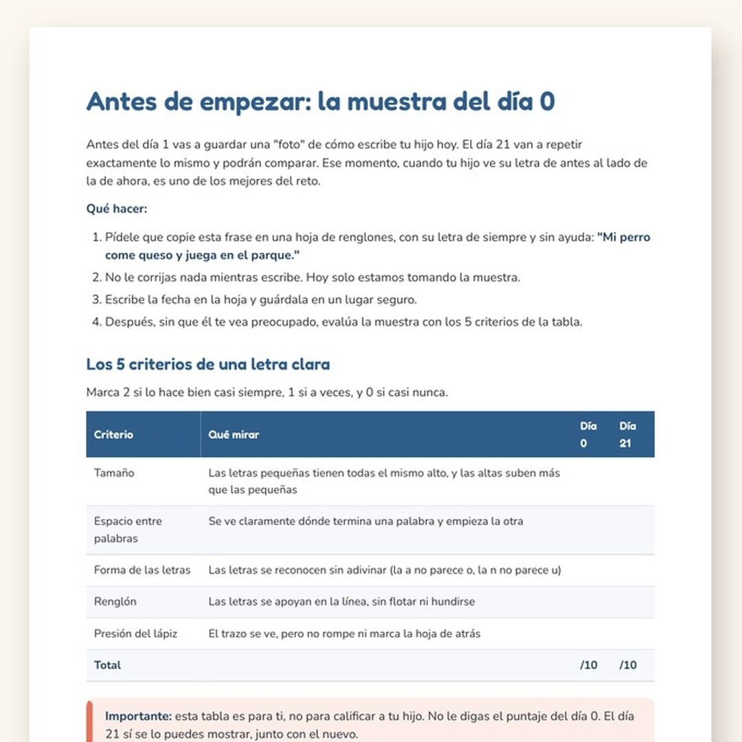 Página de la muestra del día 0 con los 5 criterios de una letra clara