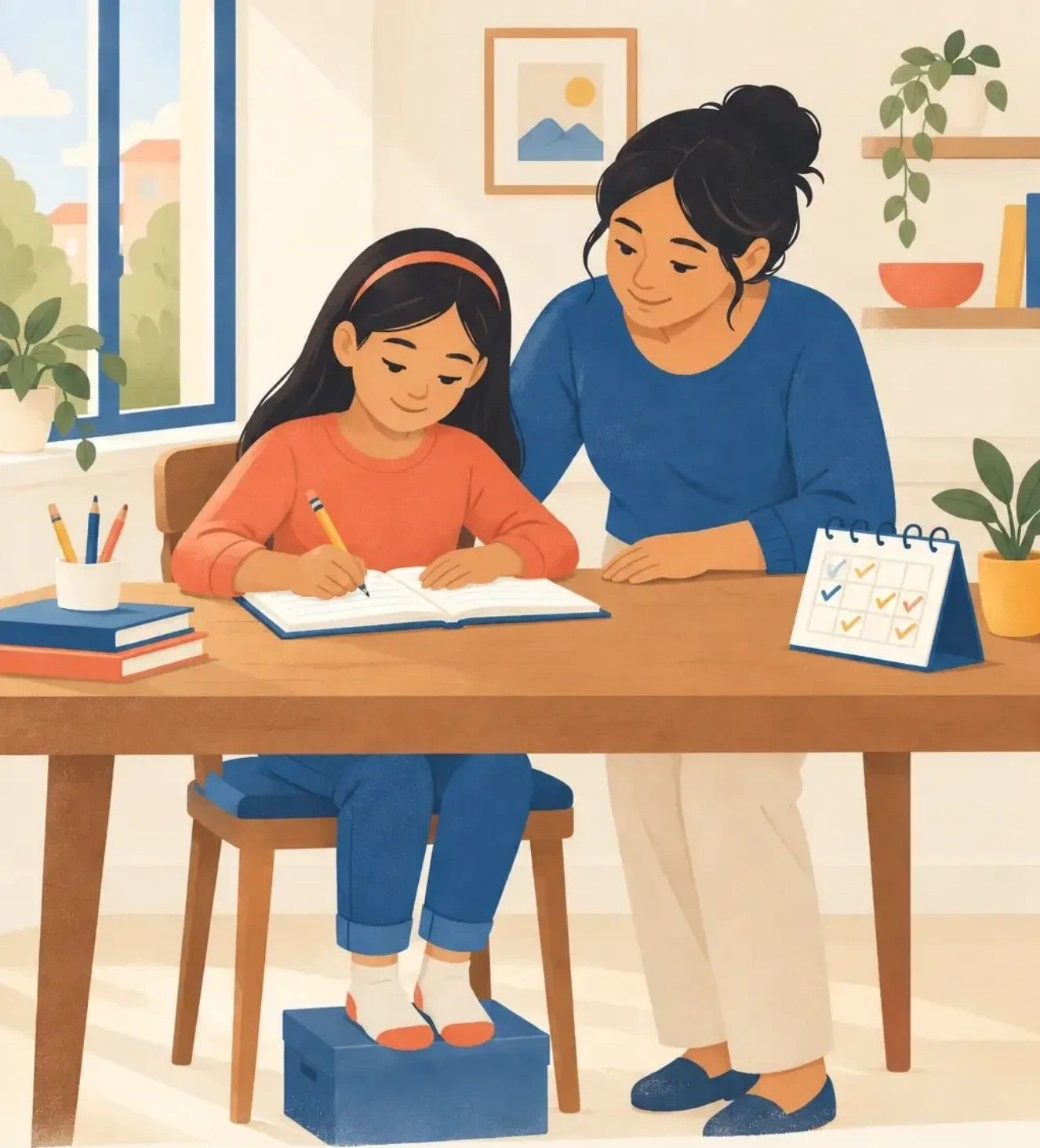 Una mamá acompaña a su hija mientras escribe en el cuaderno en la mesa de la casa