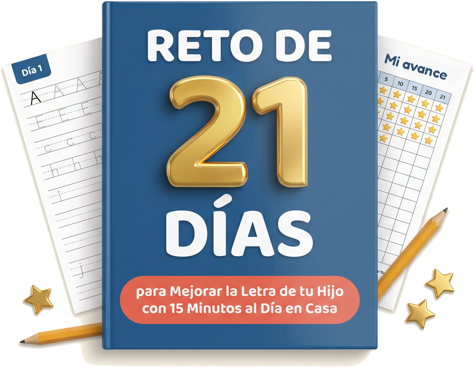 Reto de 21 Días para Mejorar la Letra de tu Hijo con 15 Minutos al Día en Casa, con la hoja de práctica del día 1 y la tabla de avance